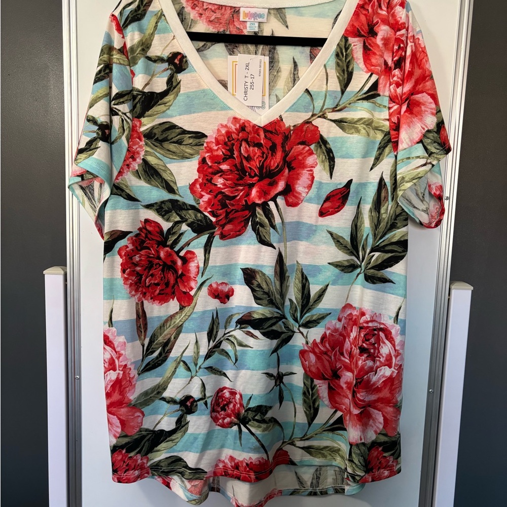 Floral V-Neck Top - Red and Green